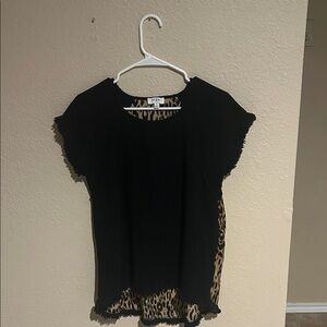 Umgee USA Leopard Contrast Boho Top Black Flowy Raw Hem